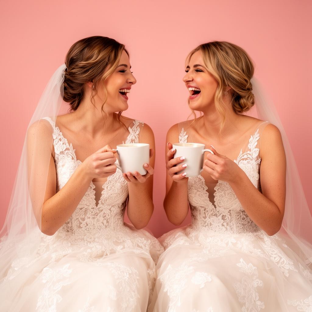Zwillingsbräute genießen Kaffee vor der Hochzeit