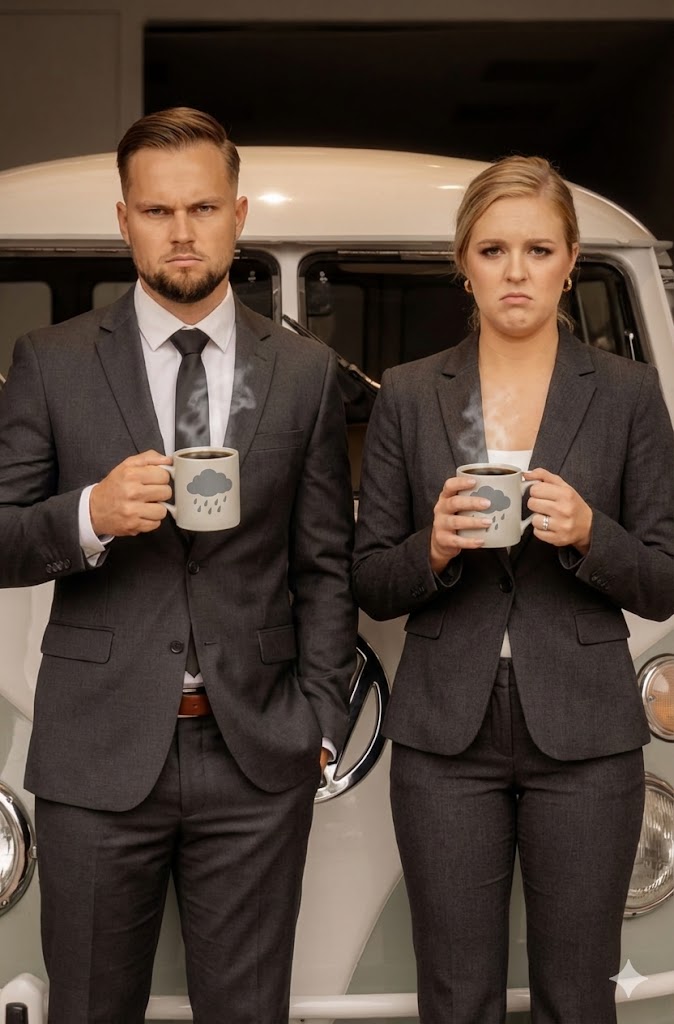 Paar in Business-Kleidung mit ernsten Gesichtern